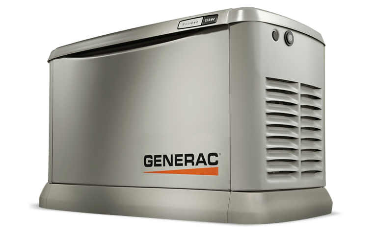 Generac automatic standby generator, silver exterior, showcasing reliability for home power backup during outages.